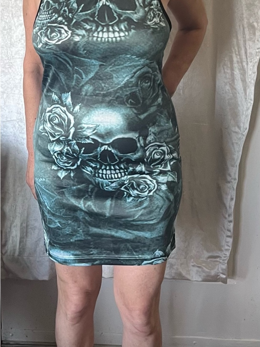Skull & Rose Bodycon Dress in Teal